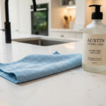A pristine white quartz kitchen worktop being safely cleaned with a microfibre cloth and pH-neutral soap.