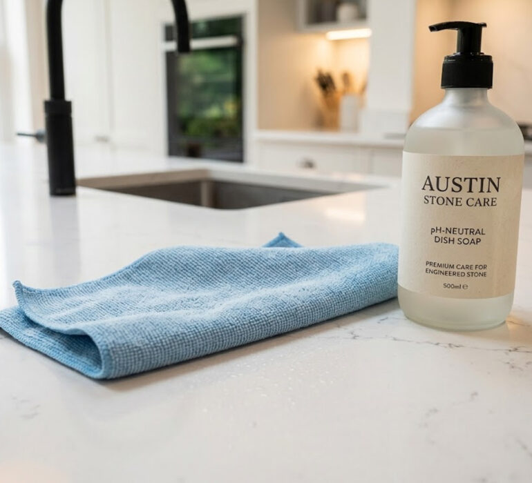A pristine white quartz kitchen worktop being safely cleaned with a microfibre cloth and pH-neutral soap.