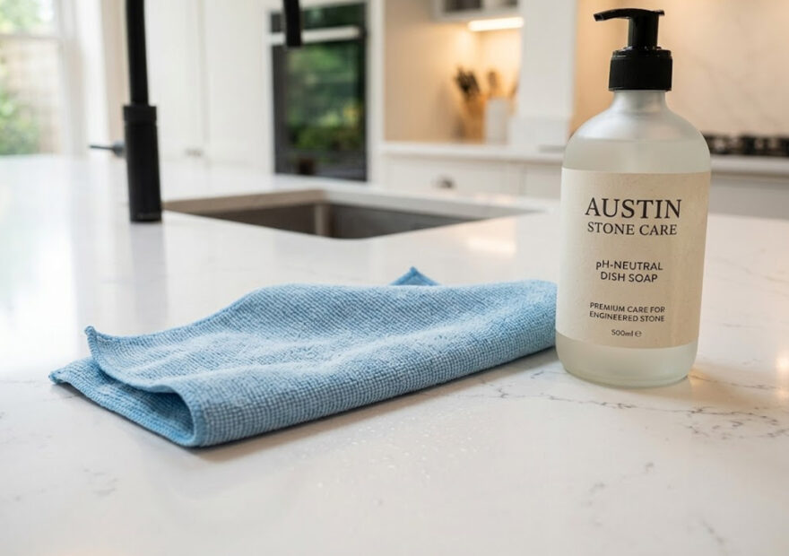 A pristine white quartz kitchen worktop being safely cleaned with a microfibre cloth and pH-neutral soap.