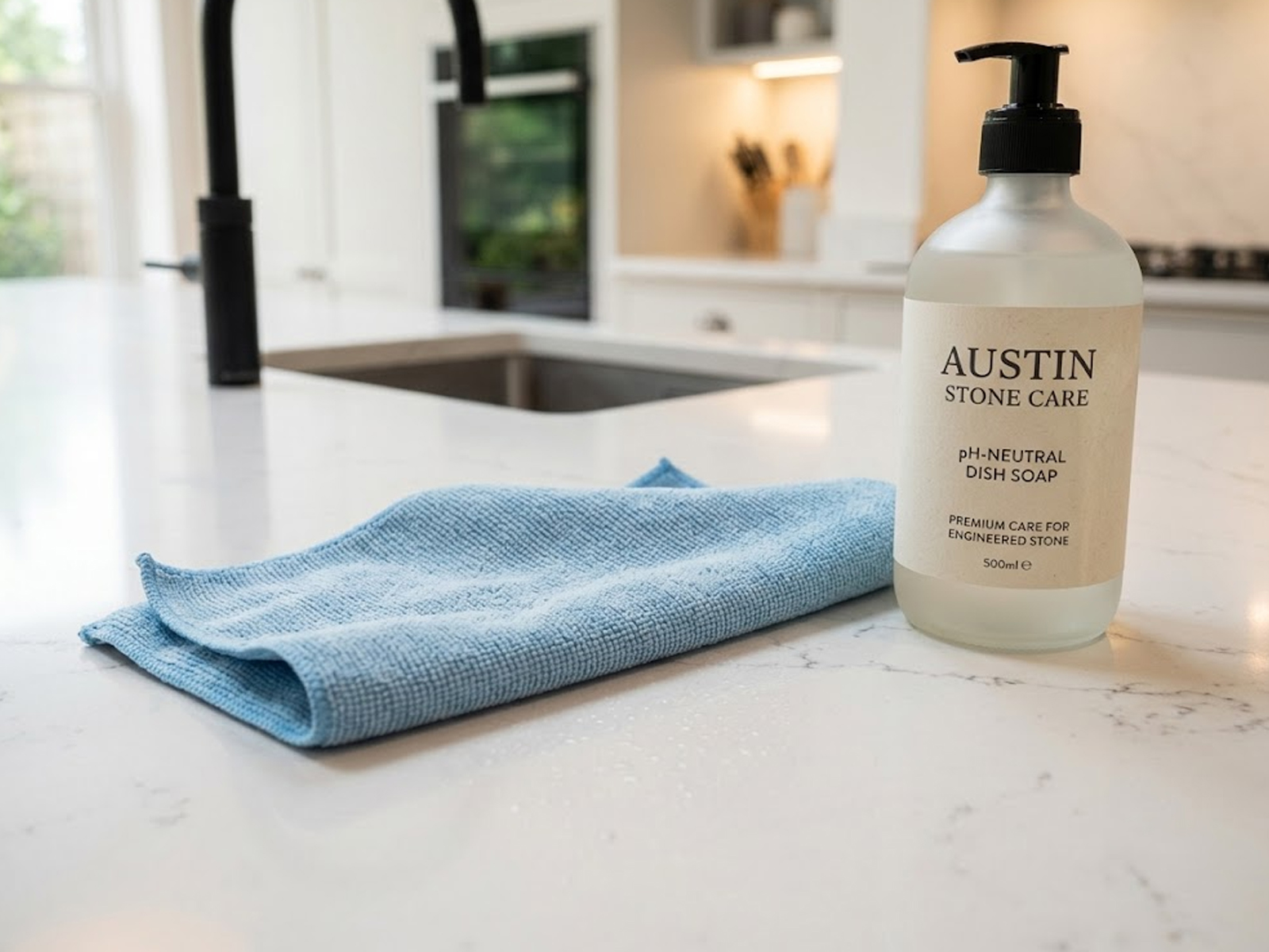 A pristine white quartz kitchen worktop being safely cleaned with a microfibre cloth and pH-neutral soap.