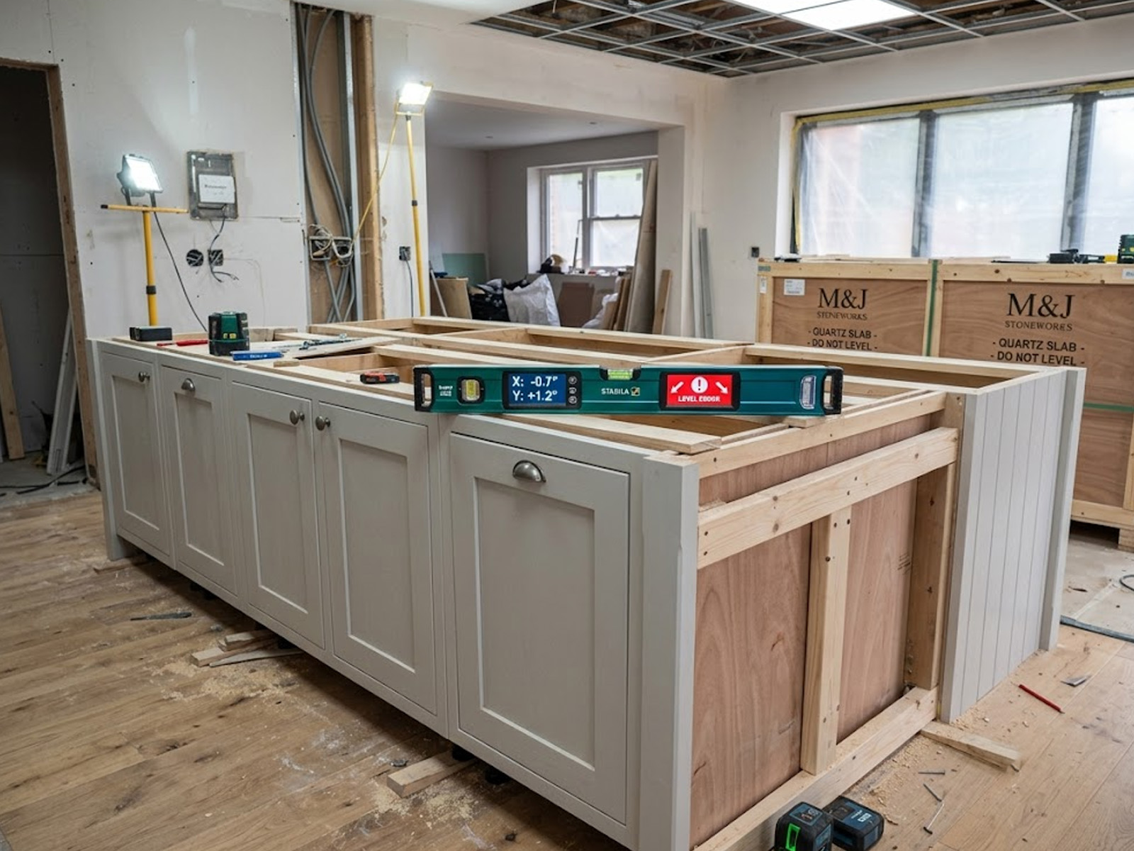 A digital spirit level measuring wooden base cabinets to ensure a flat surface for heavy stone worktops.