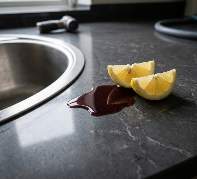 Red wine and lemon juice sitting harmlessly on a non-porous quartz worktop surface.