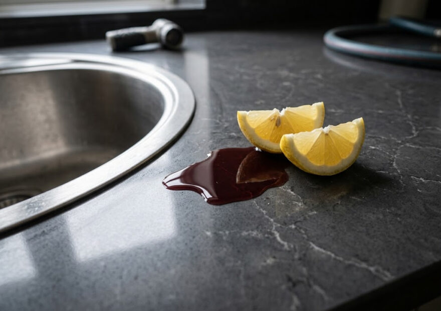 Red wine and lemon juice sitting harmlessly on a non-porous quartz worktop surface.