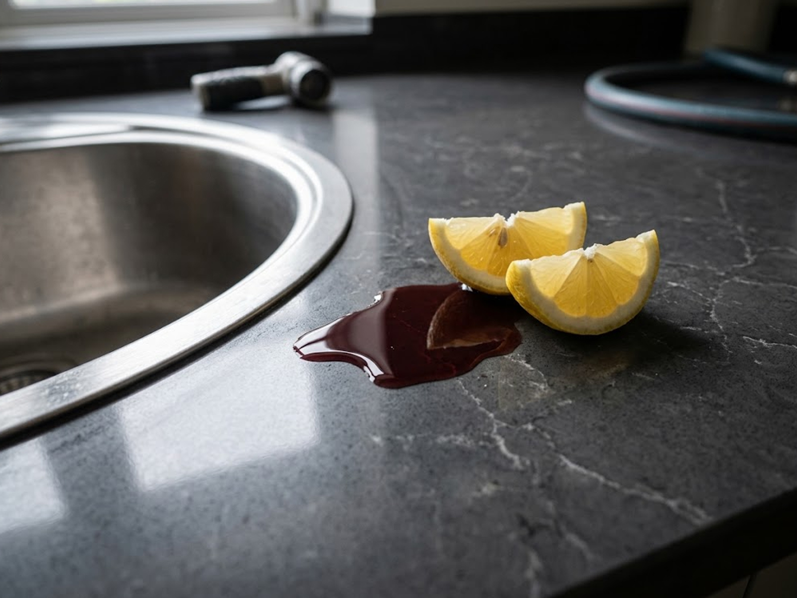 Red wine and lemon juice sitting harmlessly on a non-porous quartz worktop surface.
