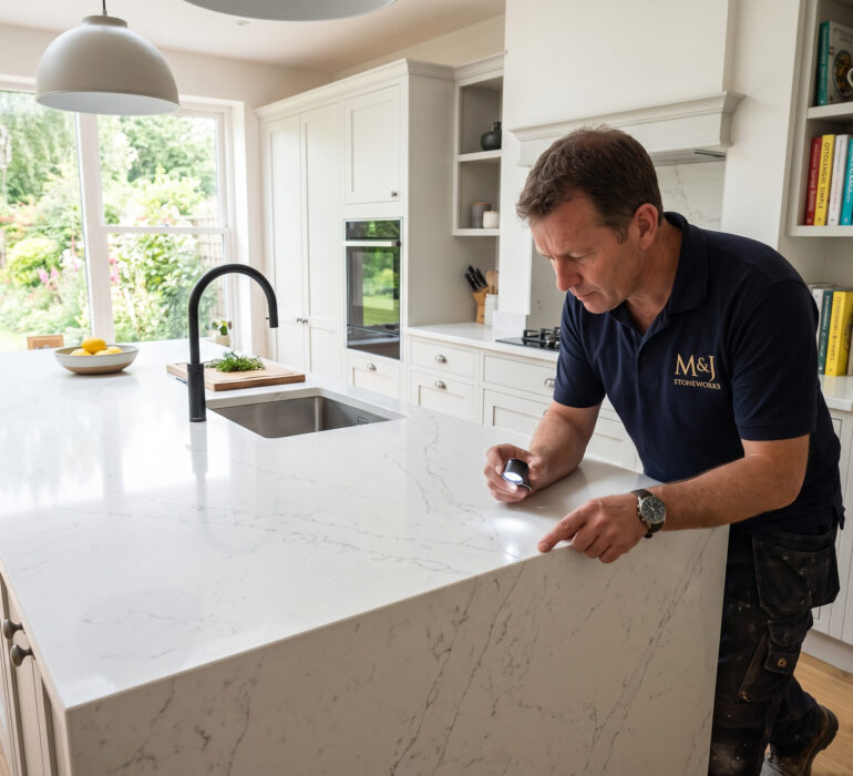 A modern British kitchen featuring a bespoke white quartz worktop installation.