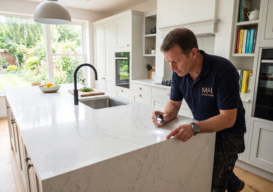 A modern British kitchen featuring a bespoke white quartz worktop installation.