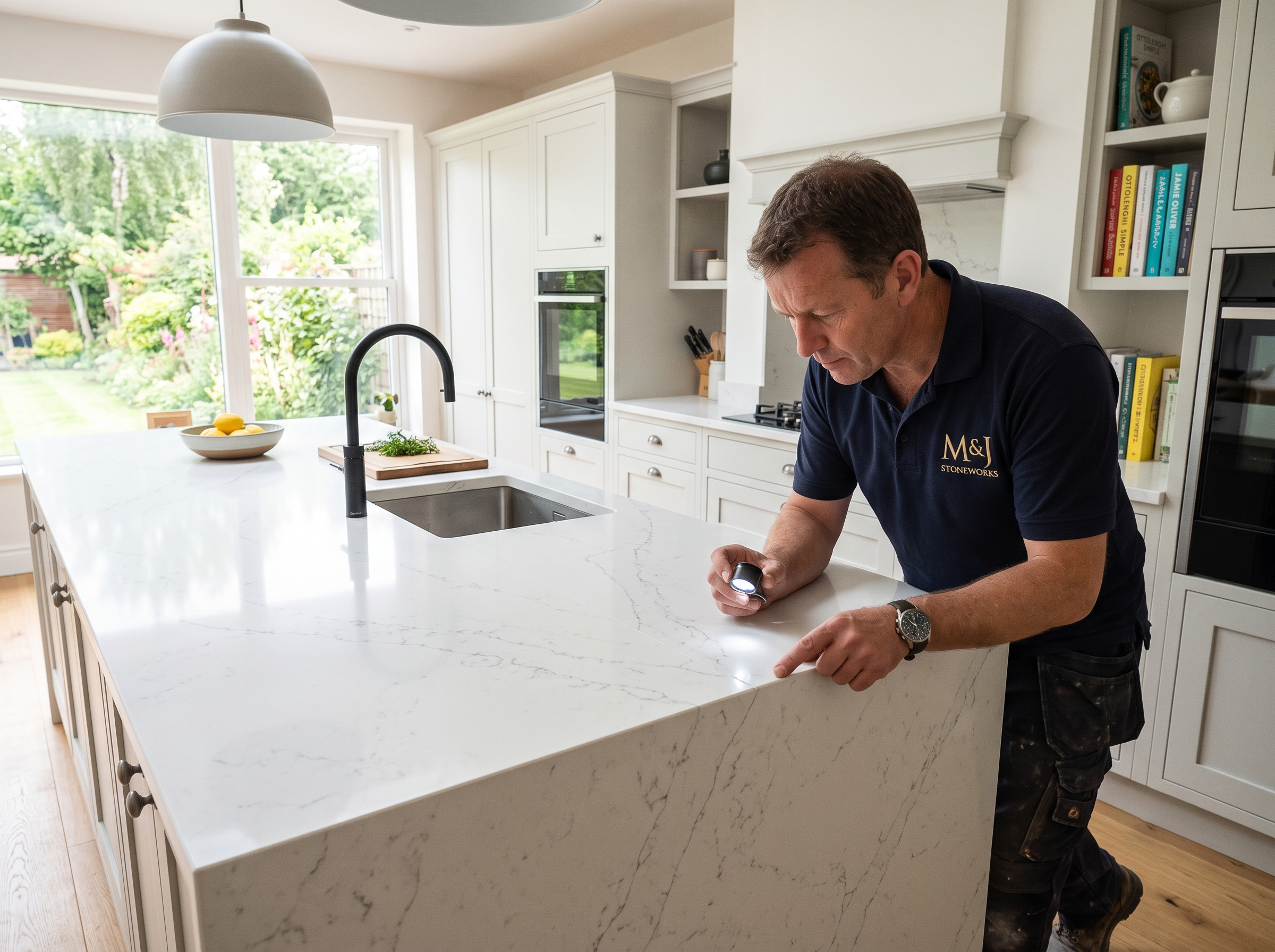 A modern British kitchen featuring a bespoke white quartz worktop installation.