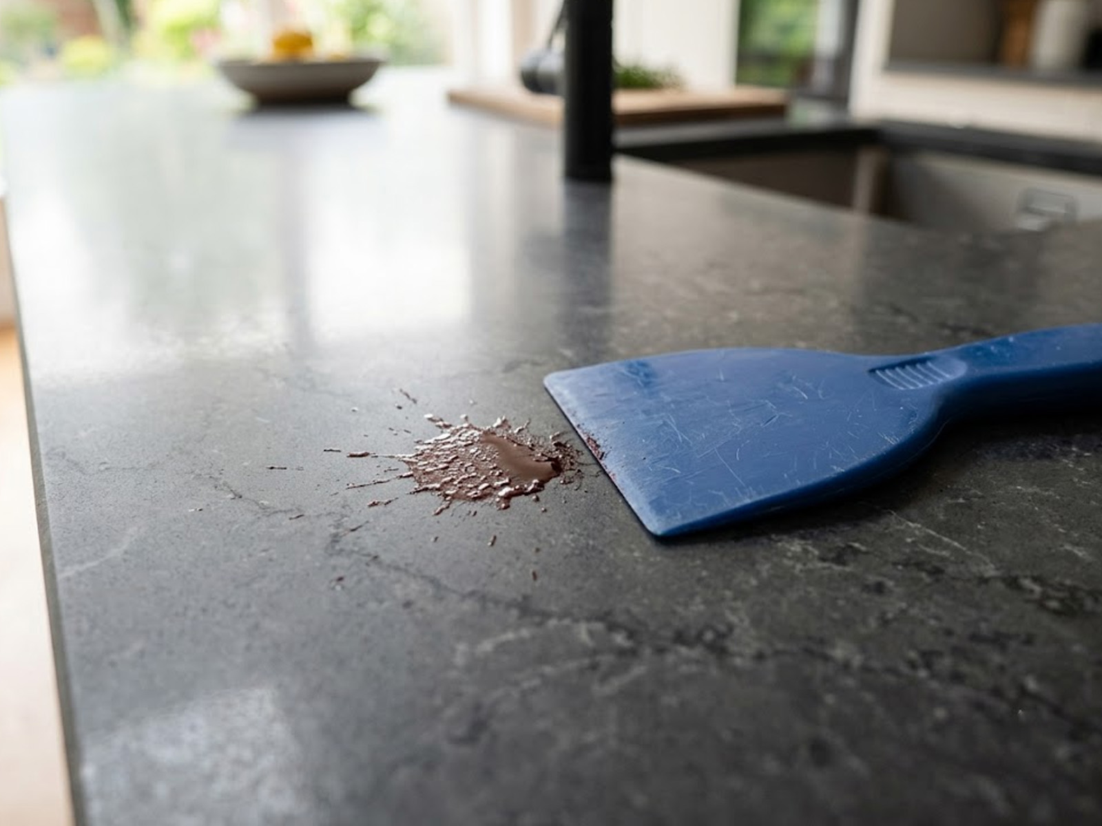 A plastic putty knife resting safely on a grey quartz worktop next to a dried spill.